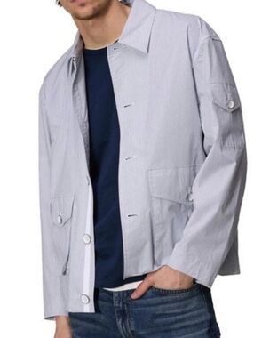 Rage & Bone Cade Mens Poplin Lightweight Jacket Sz L Light Blue & White Stripes